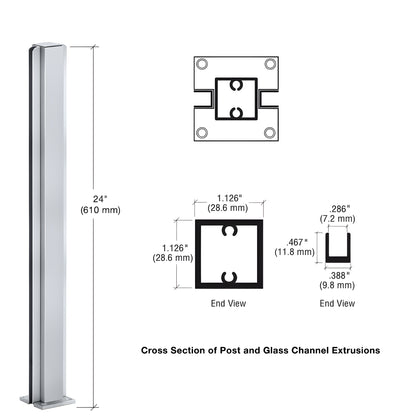 Satin anodized aluminum 24" square center partition post with full length U channel for 1/4" glass and flat top.