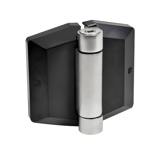 Polaris 200 soft-close gate hinge, black covers with 2205 duplex stainless steel pivot (SKU P0L180200SS)