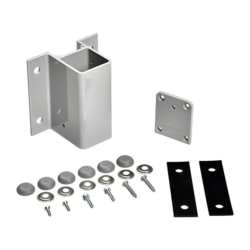 CRL Fascia mount bracket kit FBH1S - silver metallic aluminum post bracket with base plate, caps, screws, rubber spacers.