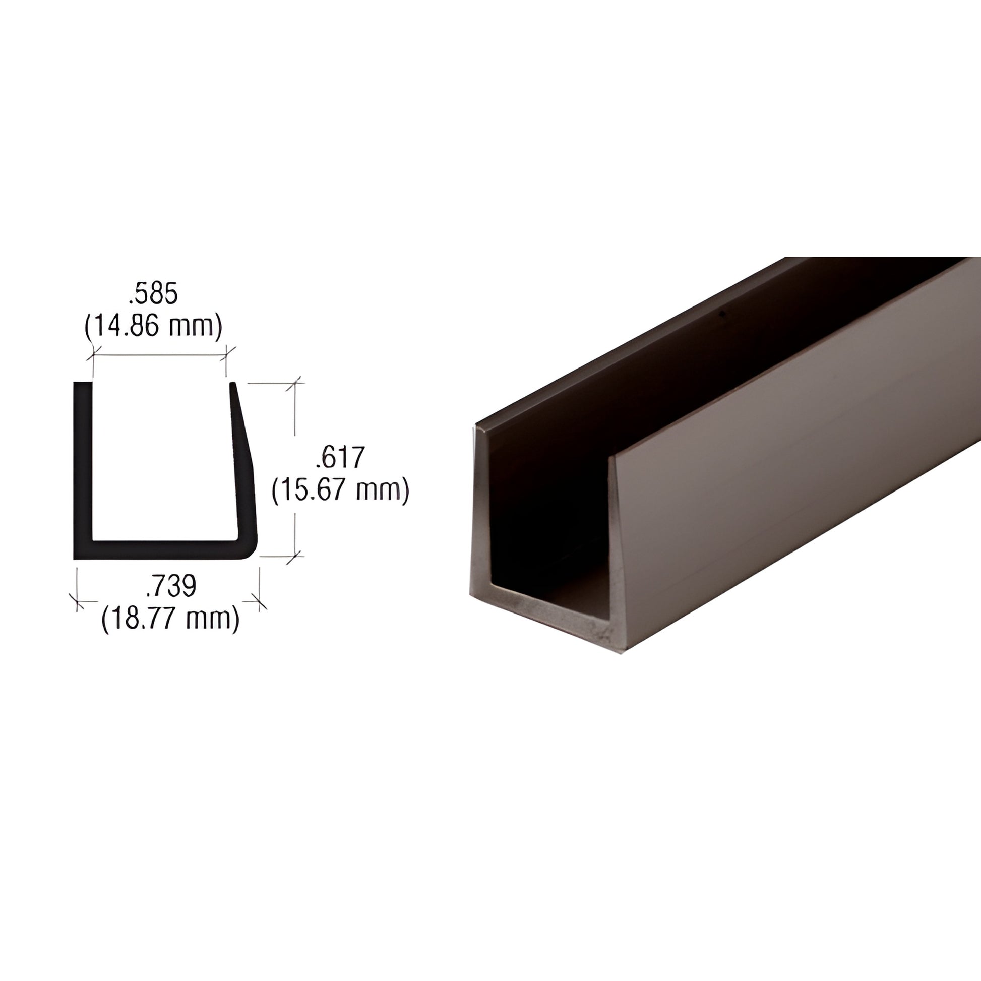Dark bronze aluminum U channel extrusion SKU D621DU, beveled face, 0.585" inside 0.739" wide, 12 ft length