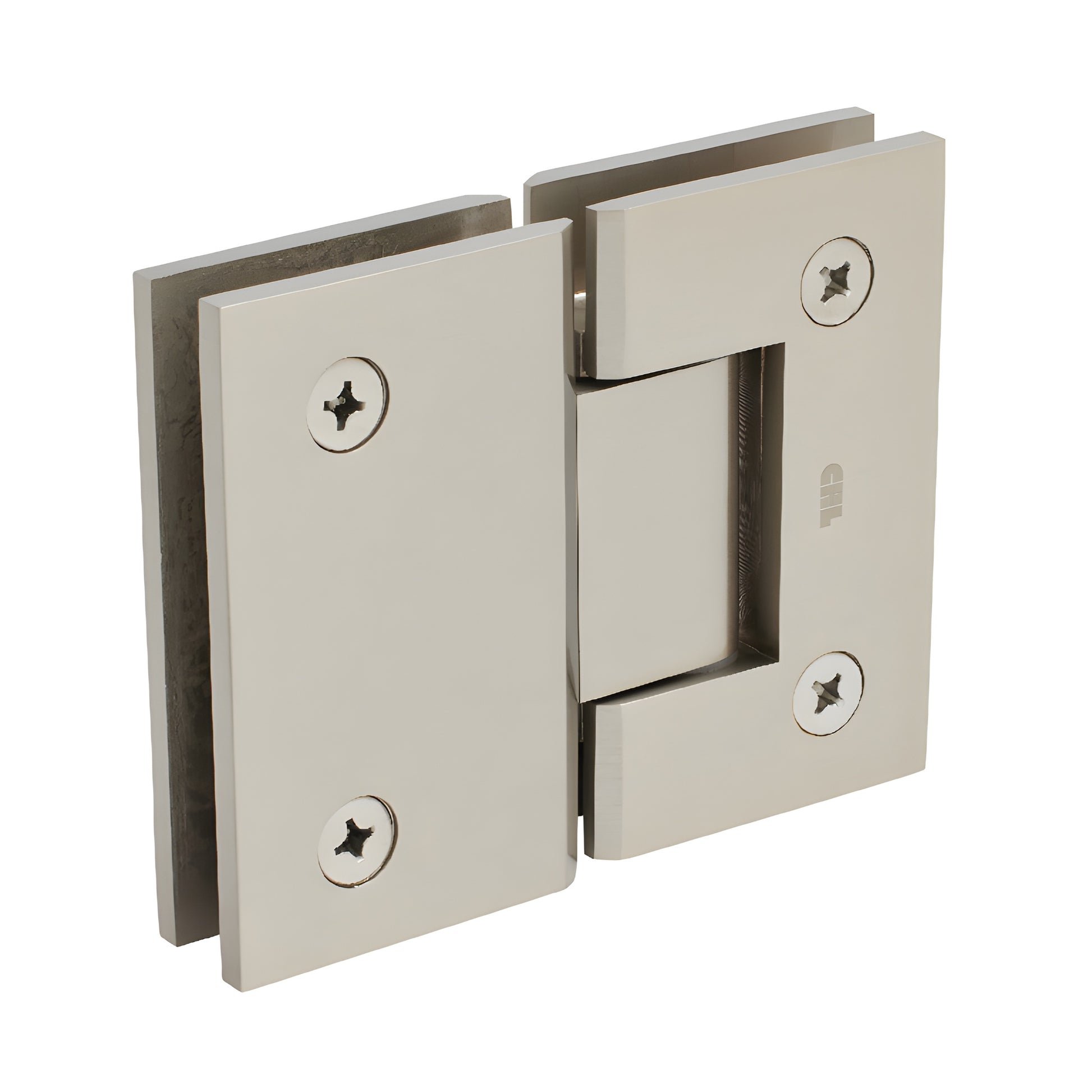 GEN580BN Geneva brushed nickel glass-to-glass shower hinge, solid brass, square-profile, 5 pre-set for 8-12mm glass