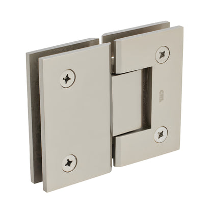 GEN580BN Geneva brushed nickel glass-to-glass shower hinge, solid brass, square-profile, 5 pre-set for 8-12mm glass