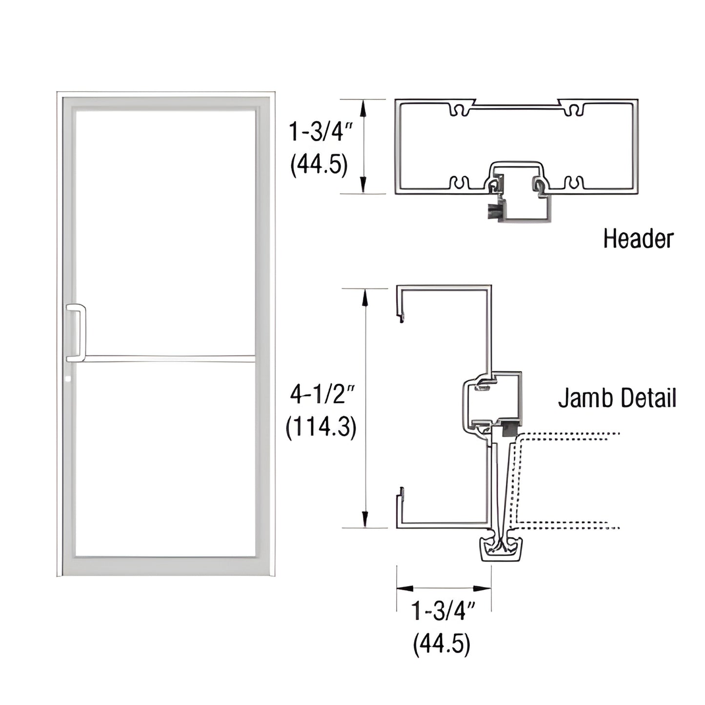 White Kynar CRL complete door frame diagram (SKU 0B41852) with header and jamb details, 1-3/4" x 4-1/2".
