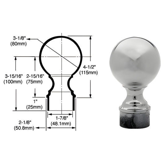 SA508BS brushed stainless steel ball end cap for partition posts, 4-1/2" high, adhesive base, ready-to-install.