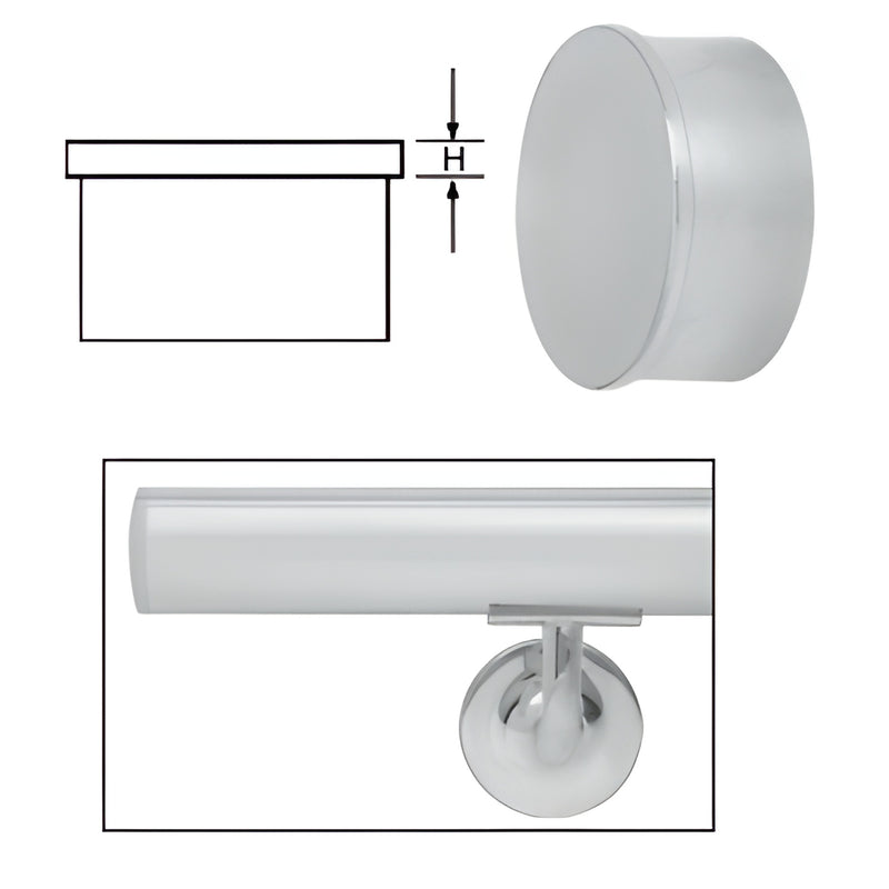HR19ECSA aluminum satin-anodized flat handrail end cap, 1/8 in thick, slip-in round finish cap.