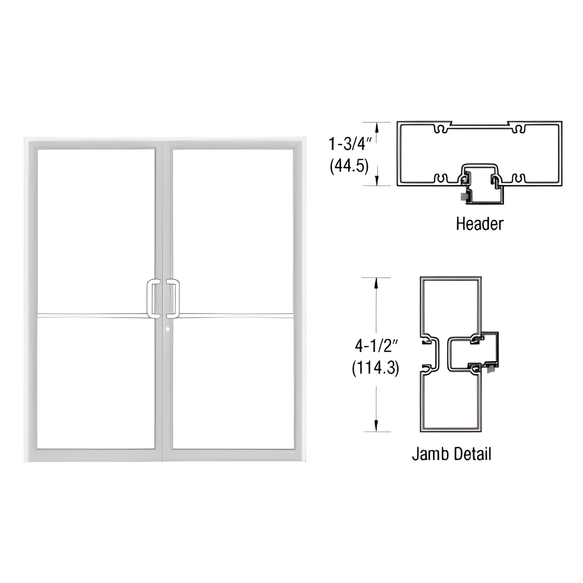 FR42552 white Kynar aluminum 1-3/4 in double-door frame with tubular jambs and aluminum threshold, prepped for surface closer