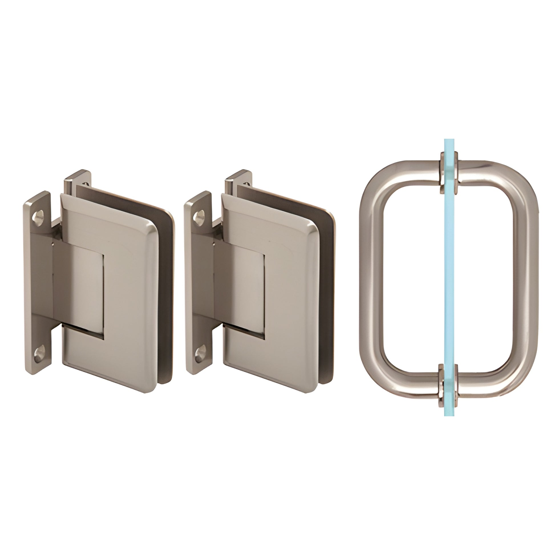 Brushed nickel shower hinge and pull set (SKU P1NS3BN) - two wall mount hinges and oval pull for 8-12mm tempered glass.
