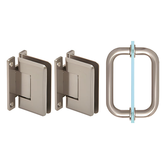Brushed nickel shower hinge and pull set (SKU P1NS3BN) - two wall mount hinges and oval pull for 8-12mm tempered glass.