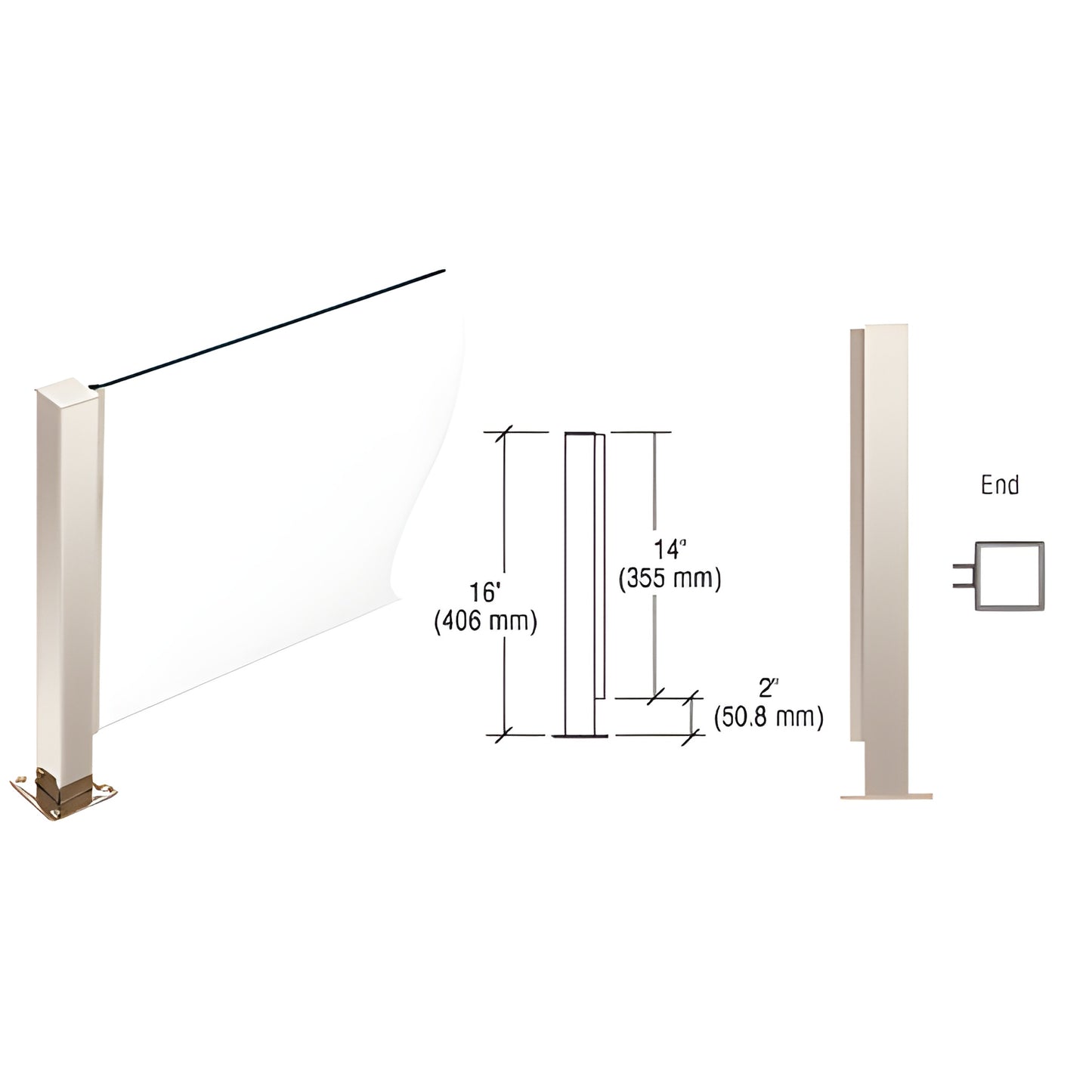 Stainless steel Plaza 16 in. square glass partition end post with 1/4 in. U-channel, welded base, flat cap - SKU PP41EPS
