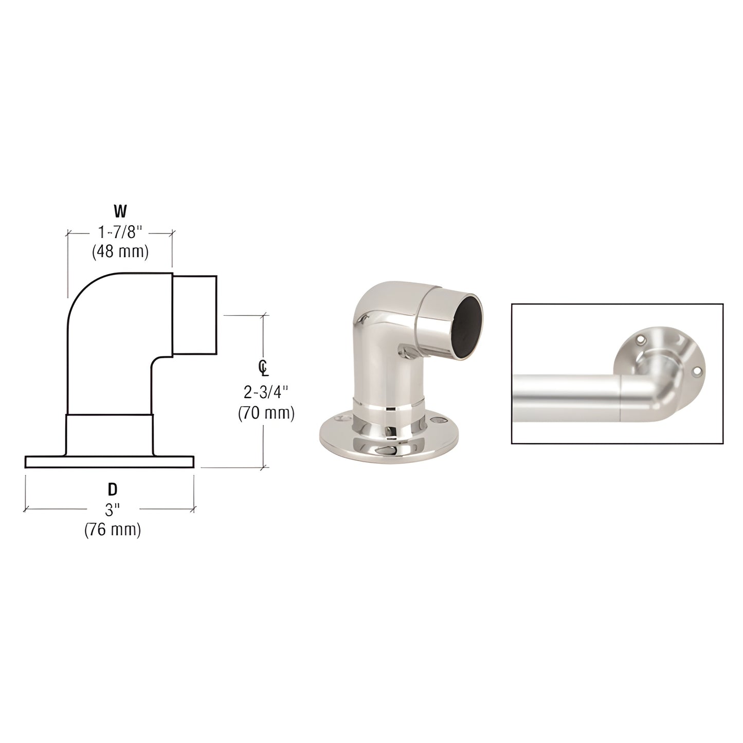 HR15QPS polished stainless steel flush wall return elbow for handrail with round base plate (3") low-profile.