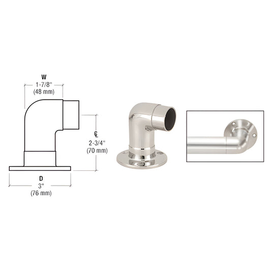 HR15QPS polished stainless steel flush wall return elbow for handrail with round base plate (3") low-profile.