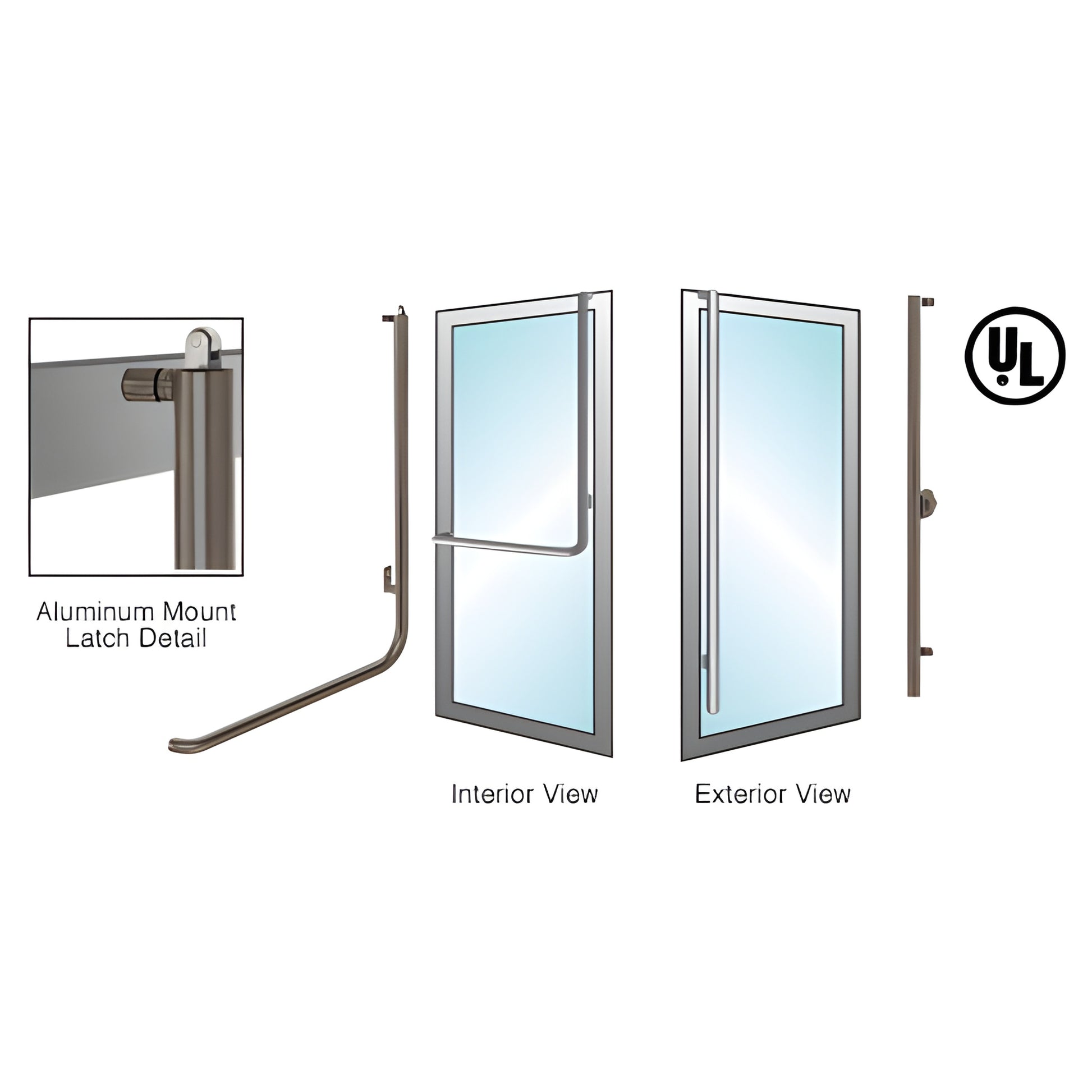 PA100FS3AK0RB oil-rubbed bronze tubular panic handle for 1/2-3/4 tempered glass doors, interior/exterior view.