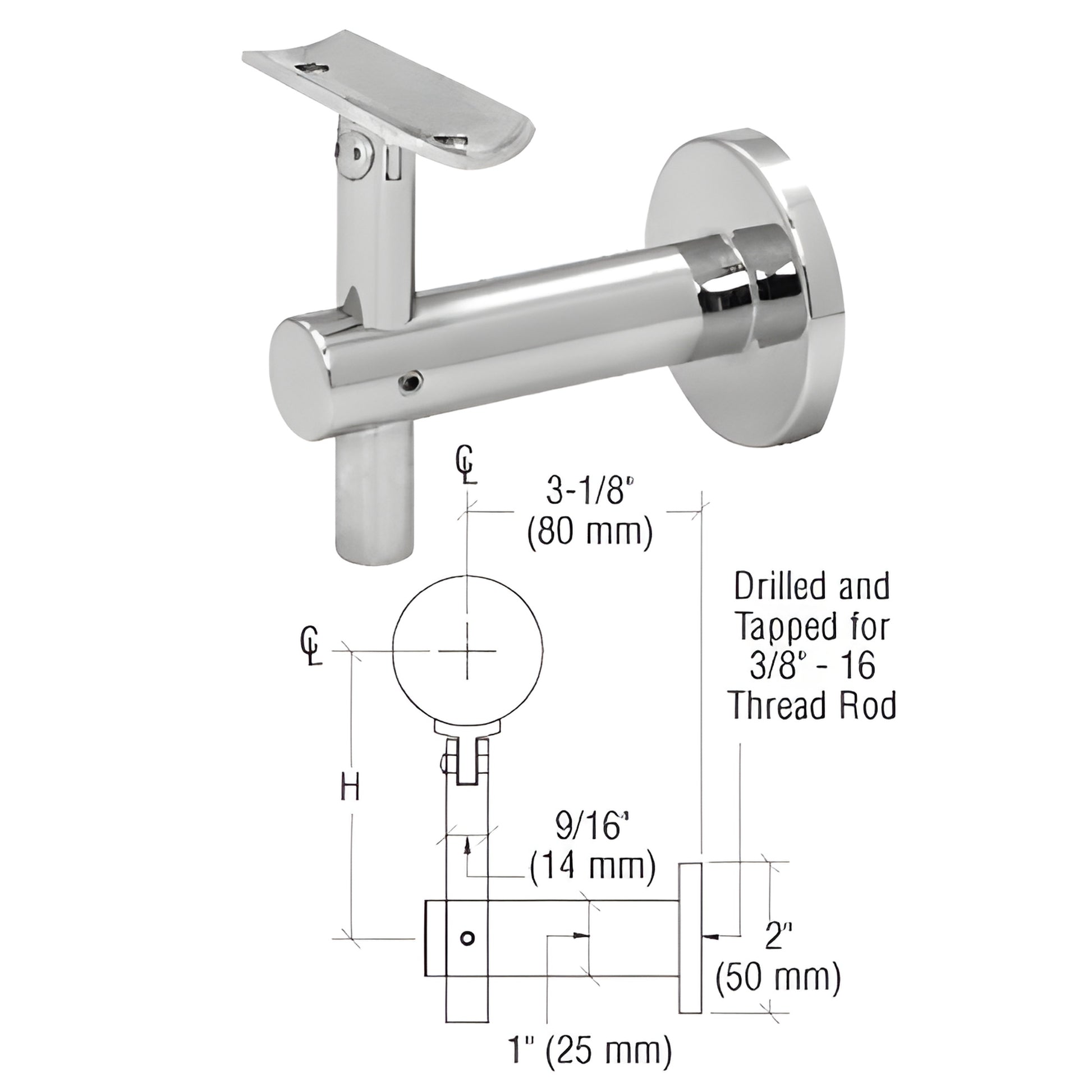Polished 316 stainless adjustable 3 way wall-mounted handrail bracket (HR2JWPS), 3 1/8 projection, fits 1.5-2 tubing.