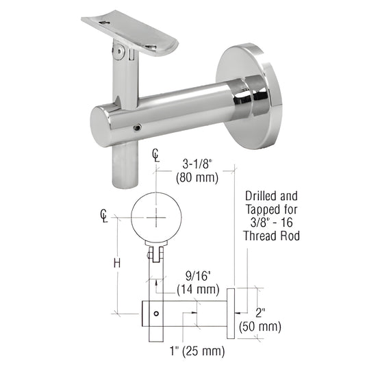 Polished 316 stainless adjustable 3 way wall-mounted handrail bracket (HR2JWPS), 3 1/8 projection, fits 1.5-2 tubing.