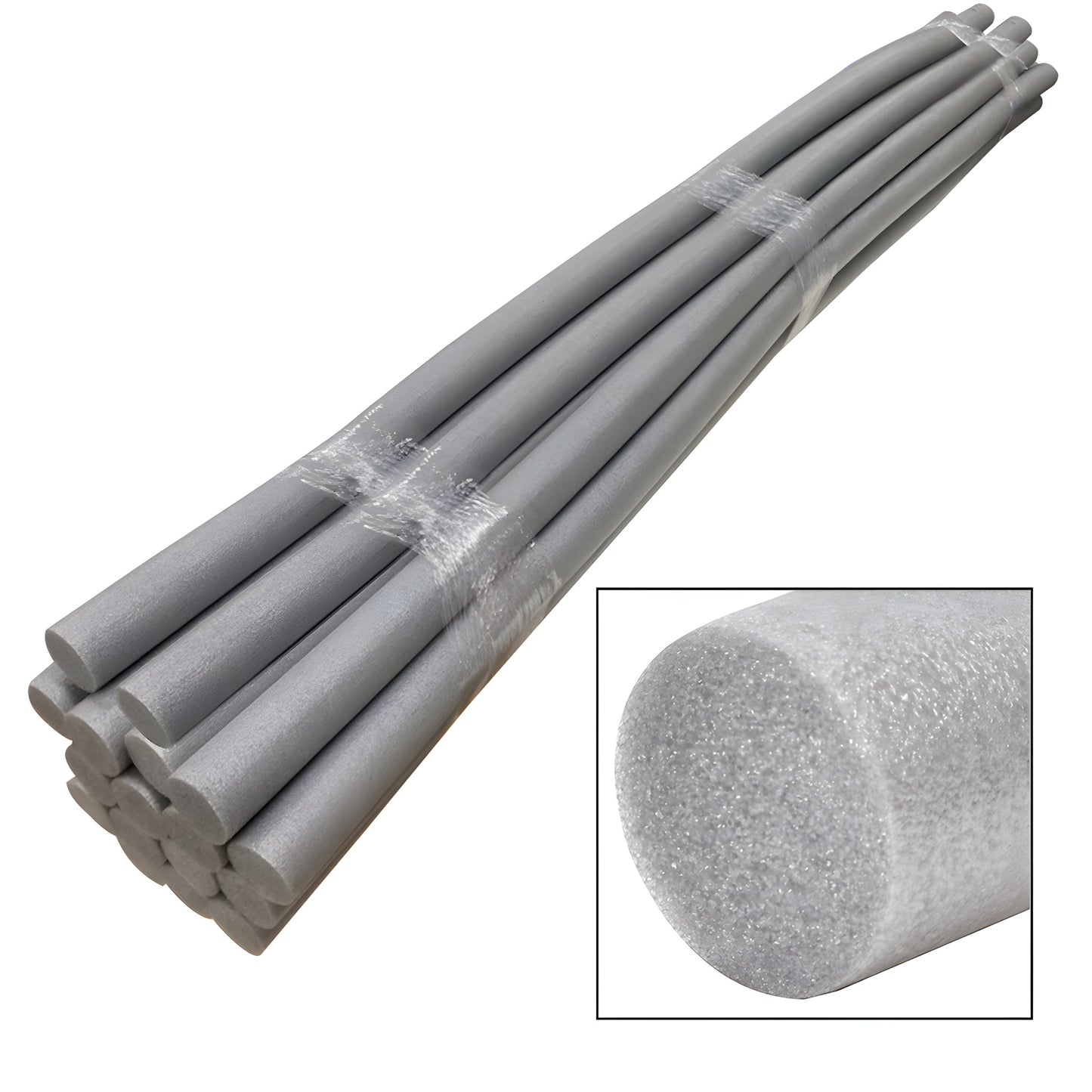 Bundle of gray closed-cell polyethylene backer rods (17 pcs, 6 ft), 2 in diameter, tied bundle with textured round profile -