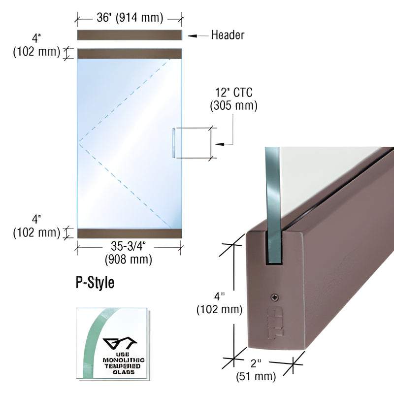 P-style frameless glass door kit (SKU P4DU12SE): dry-glaze aluminum rail, black/bronze finish, 1/2" tempered glass, 35-3/4" w