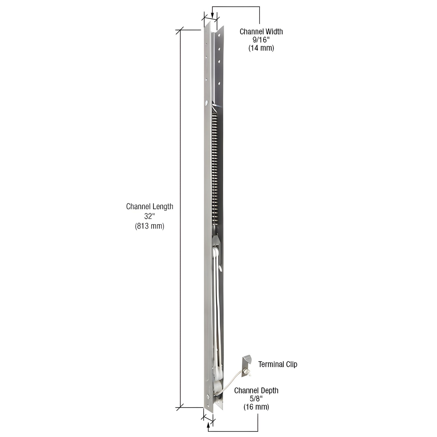 FA3130 32" window sash balance channel, 5/8" depth, 9/16" width, internal spring and terminal clip.