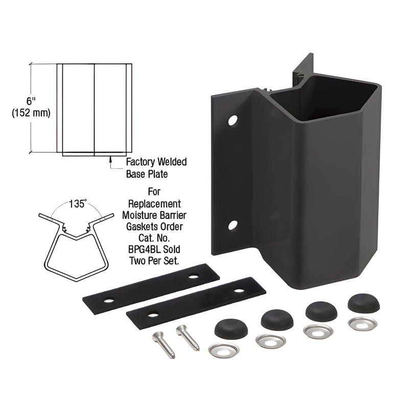 Matte black aluminum 135 fascia-mount post bracket kit SKU FB4BL with screws, gaskets and rubber strips.