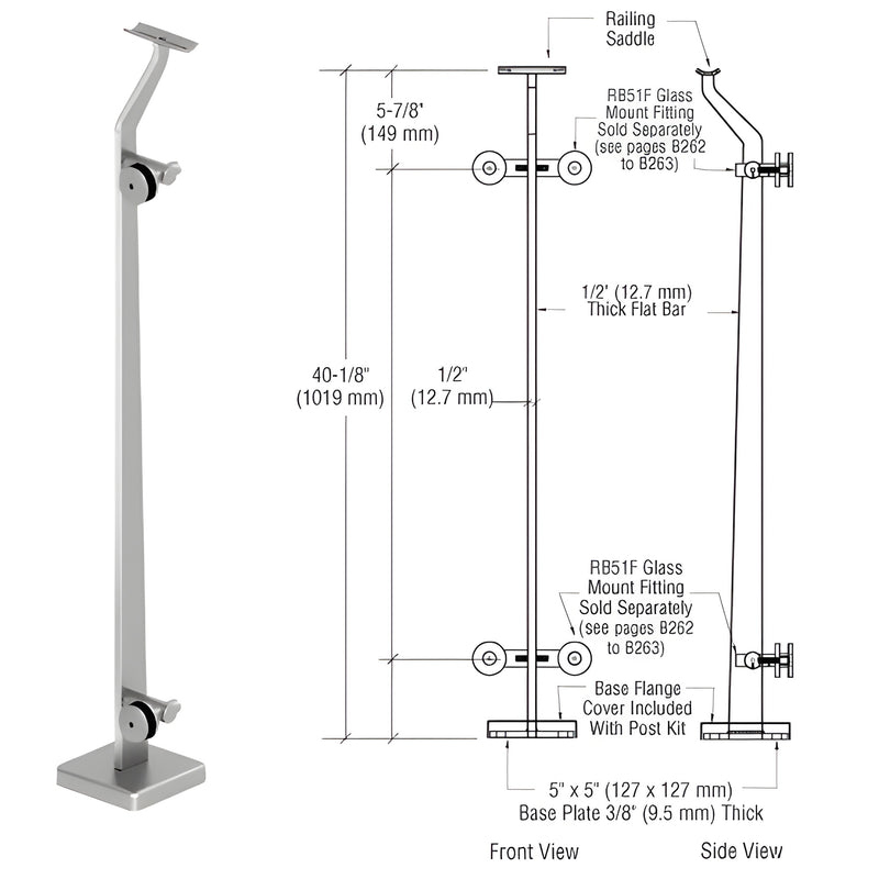 Polished stainless steel P542LEPS glass railing post with 5x5 base plate and handrail saddle, for 1/2-1 in glass.