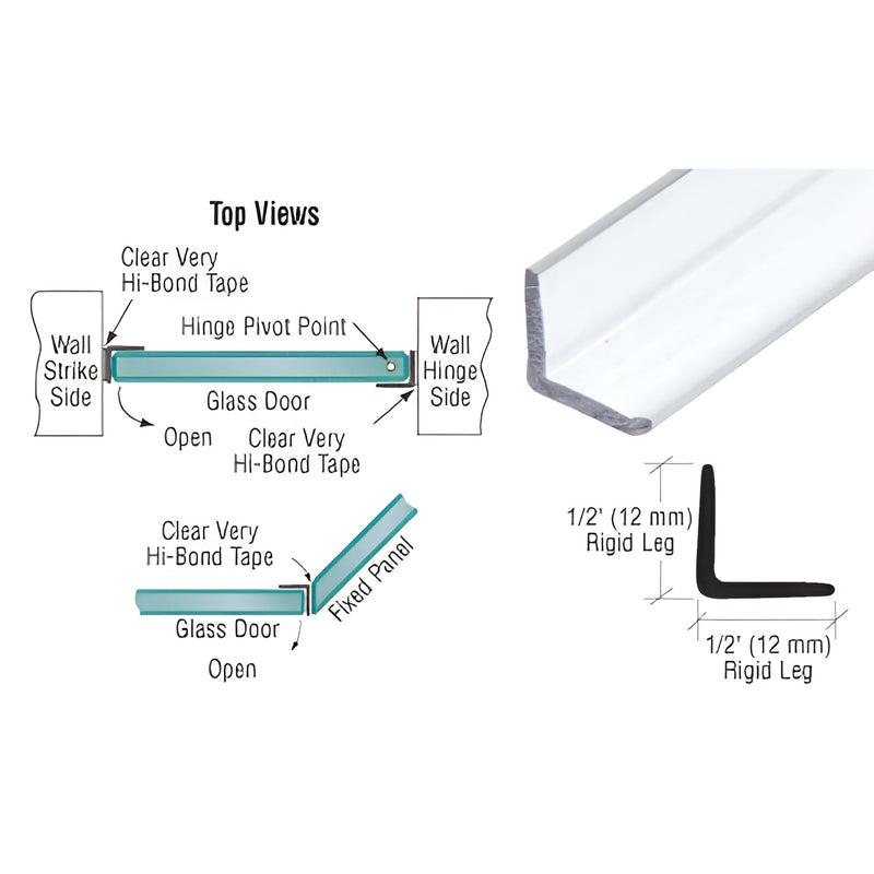 Clear polycarbonate L-jamb with pre-applied tape for 1/4-1/2 glass, 95 length, for 135 neo-angle shower doors (SKU P12LJT2