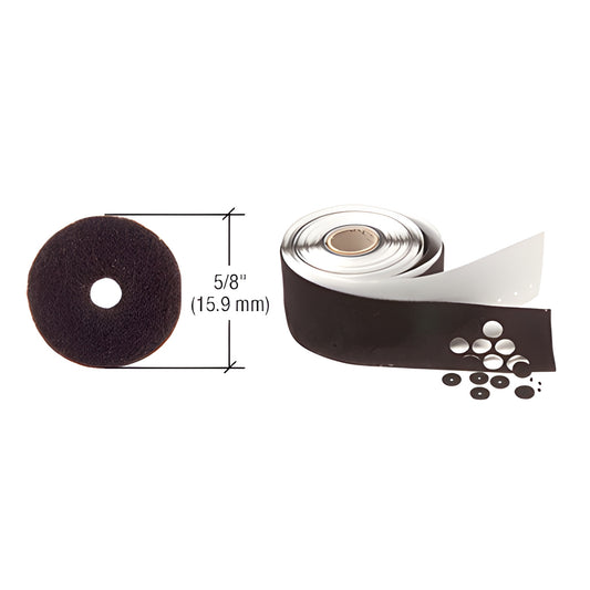 Black felt mirror washers, 5/8" (16mm) with 1/16" center hole on a roll with punched pads - SKU 7358