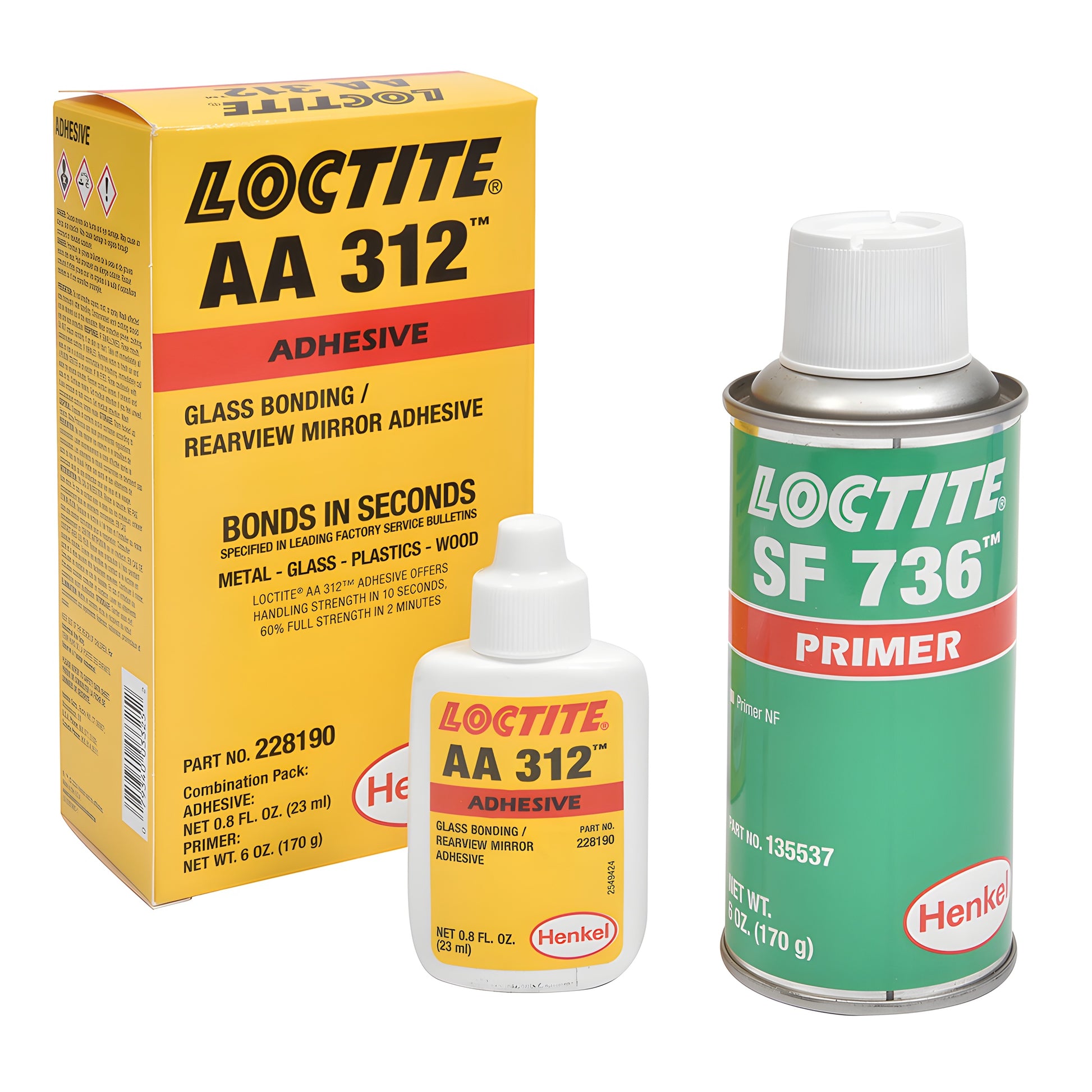Loctite kit (SKU 3325): AA 312 adhesive bottle and SF 736 primer aerosol can for glass-to-metal bonding.