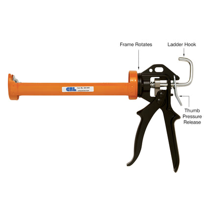 CRL GA1203 12:1 caulking gun - orange rotating strap frame, black ergonomic handle, thumb pressure release