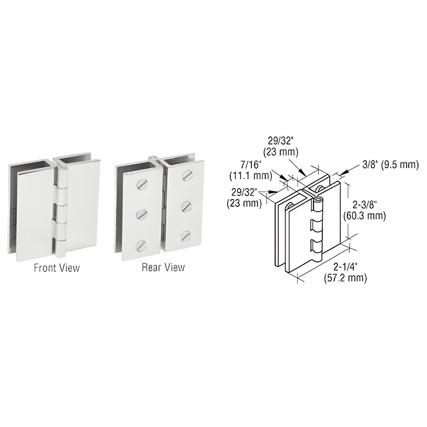 EH192 polished chrome glass-to-glass out-swing hinge pair for 6-8mm glass; front and rear views with dimension diagram