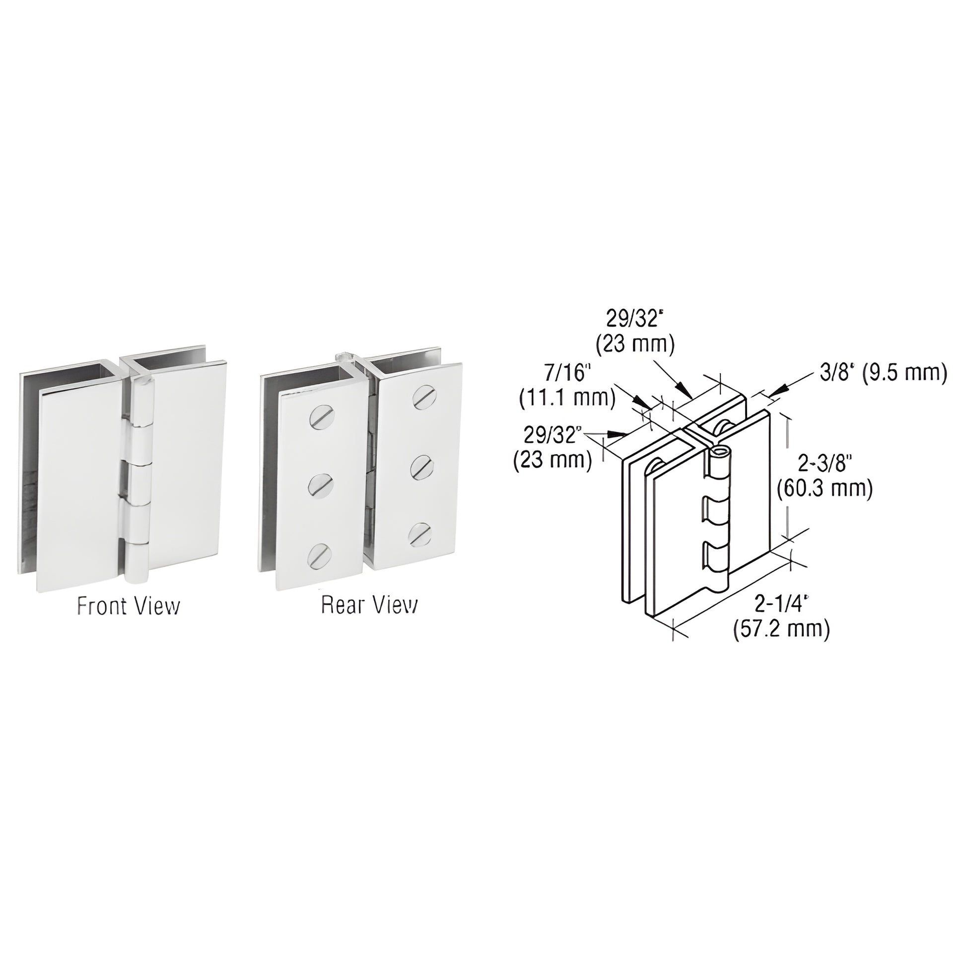 EH192 polished chrome glass-to-glass out-swing hinge pair for 6-8mm glass; front and rear views with dimension diagram