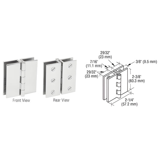 EH192 polished chrome glass-to-glass out-swing hinge pair for 6-8mm glass; front and rear views with dimension diagram