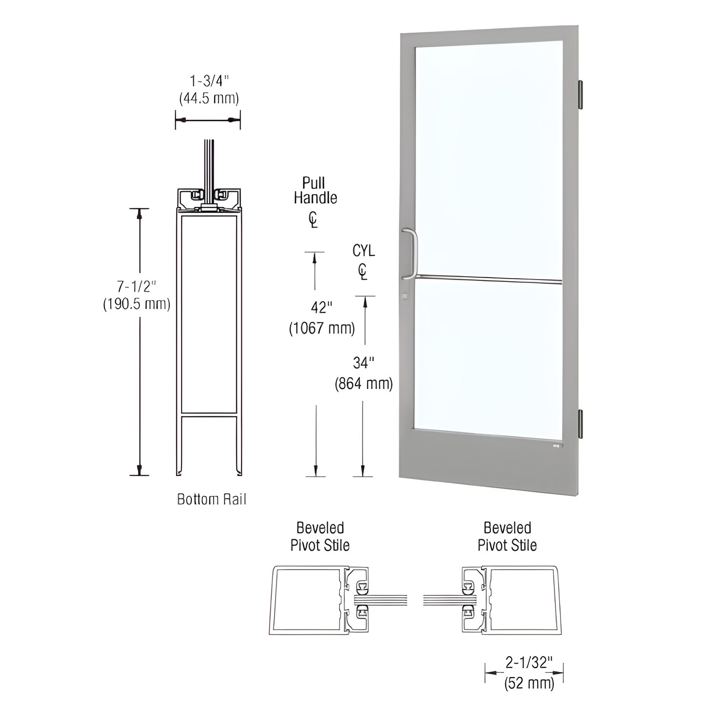HE21511 clear anodized narrow-stile commercial entrance door with tempered-glass panel, push/pull handle, MS hookbolt lock.