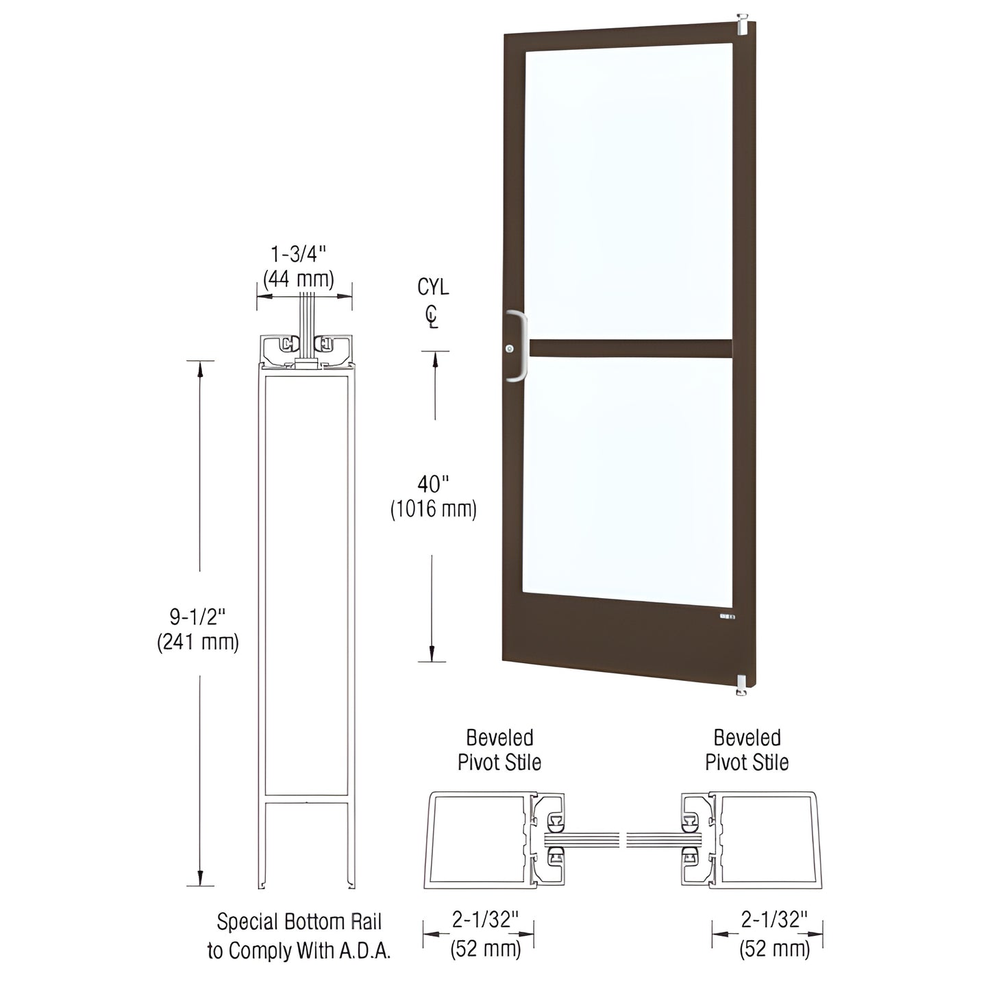 CRL pivot entrance door CZ21222L036, black bronze anodized narrow-stile aluminum, ADA bottom rail. Glass not included