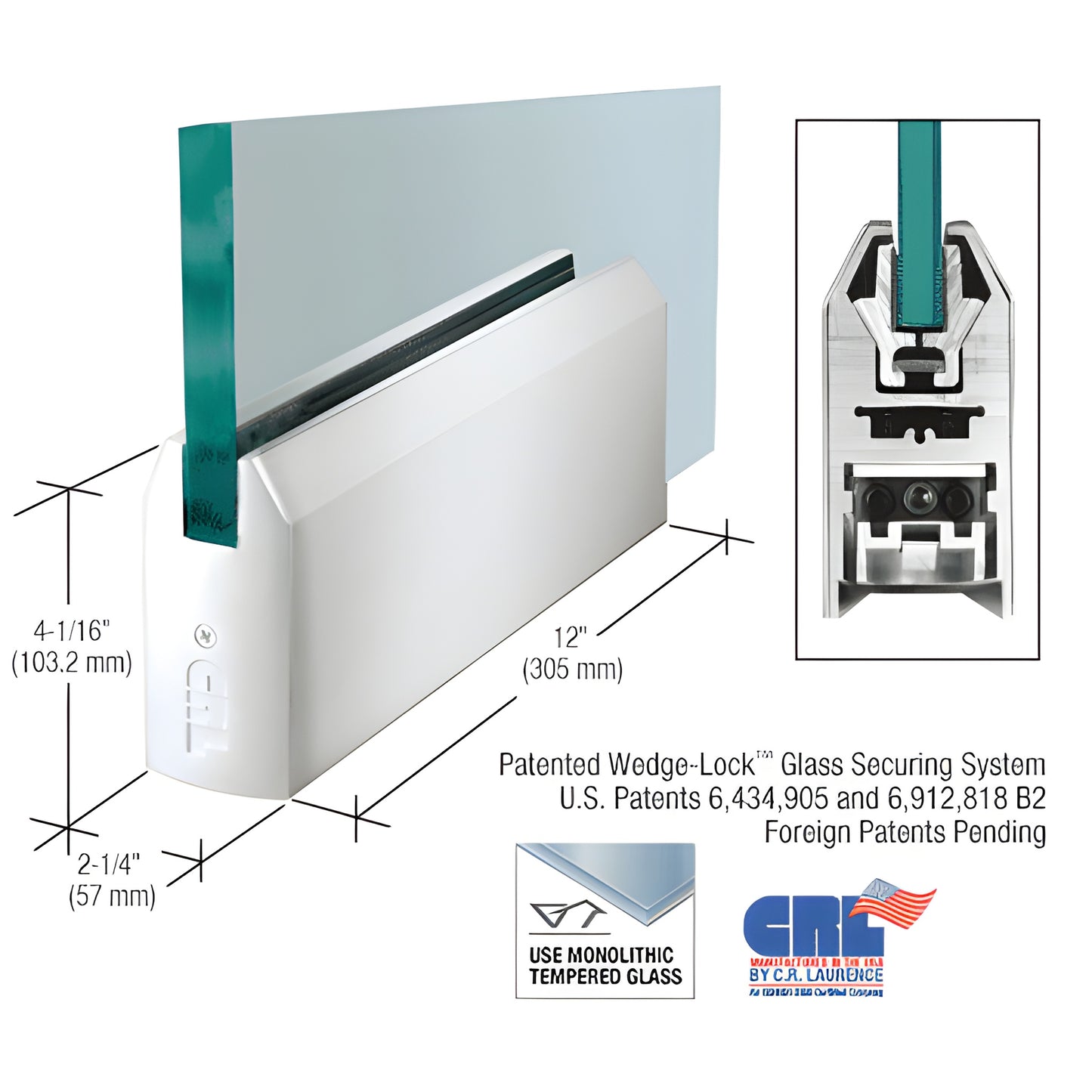 CRL Wedge-Lock 12-inch polished stainless tapered door rail, aluminum-clad, for 3/4-inch glass - 4.06" H 2.25" W (SKU DR4TP