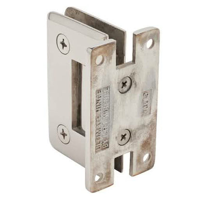 Polished stainless steel wall mount hinge with 'H' back plate, sleek and durable design.