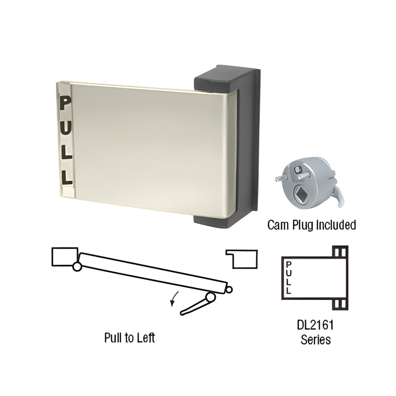 Brushed nickel universal push-pull paddle door handle with cam plug, DL2161BN, reversible for left/right doors.