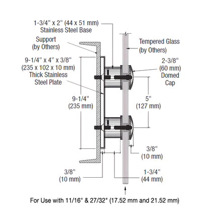 RS0B25BS brushed stainless steel point-supported standoff fitting with pre-drilled back plate and two domed caps