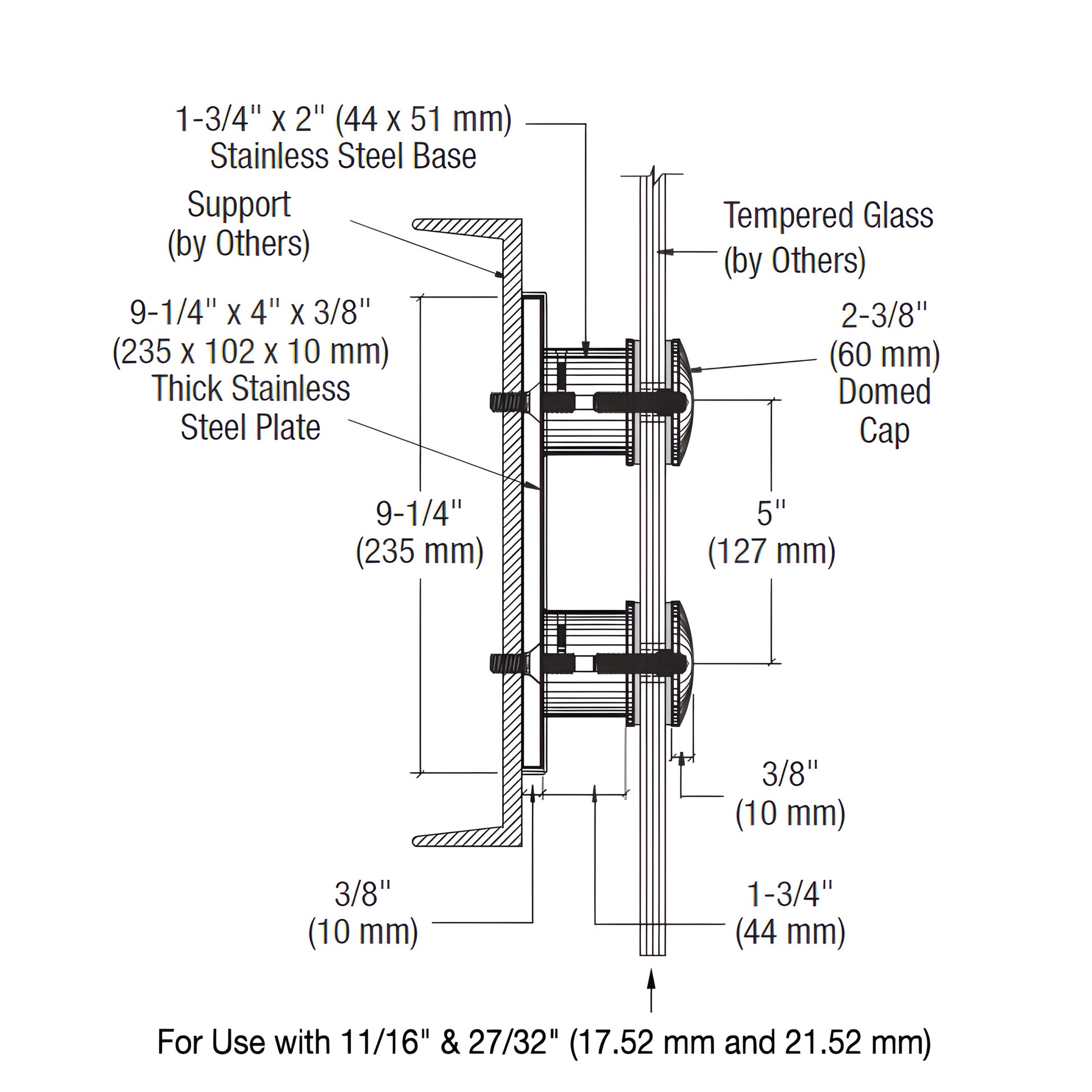 Matte black 316 stainless steel point-standoff fitting RS0B25MBL with dual domed caps on 4" x 9-1/4" back plate