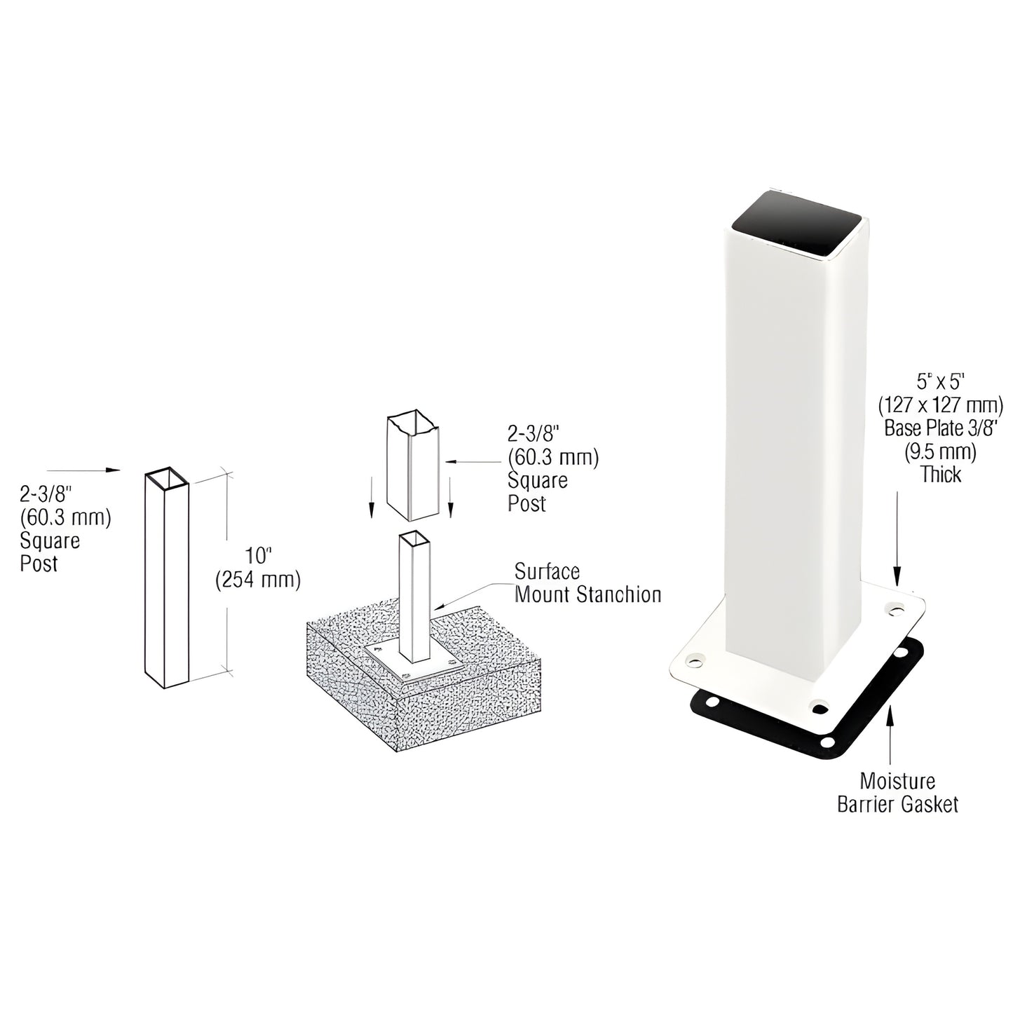 Sky white stainless steel surface/core mount stanchion PST5BPW with 5x5 base plate and moisture gasket for 2-3/8" posts