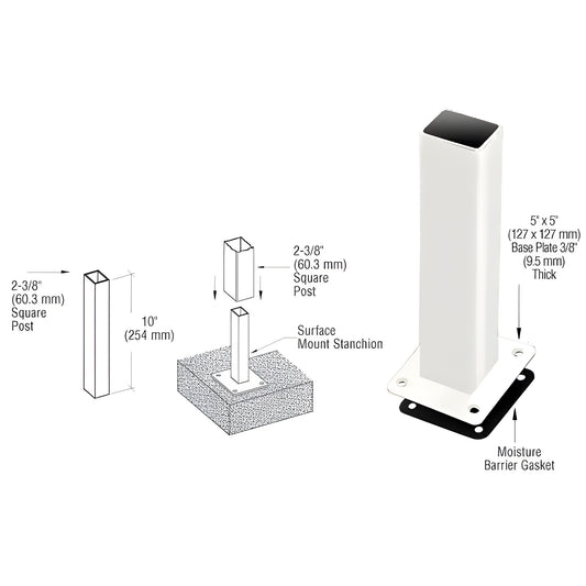 Sky white stainless steel surface/core mount stanchion PST5BPW with 5x5 base plate and moisture gasket for 2-3/8" posts