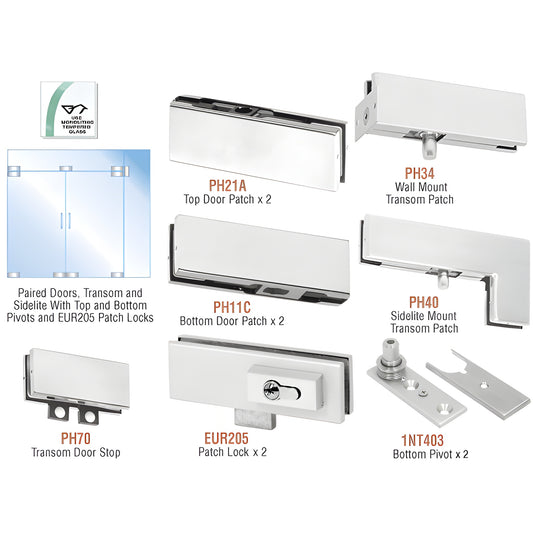 PHE7LA European double door patch kit, satin anodized pivot and patch hardware for 3/8 or 1/2 in tempered glass