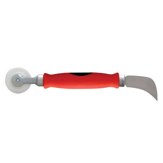 Red-handled CRL combo spline roller and cutter (SKU CGK6N96) with 2 in nylon concave wheel and curved blade.