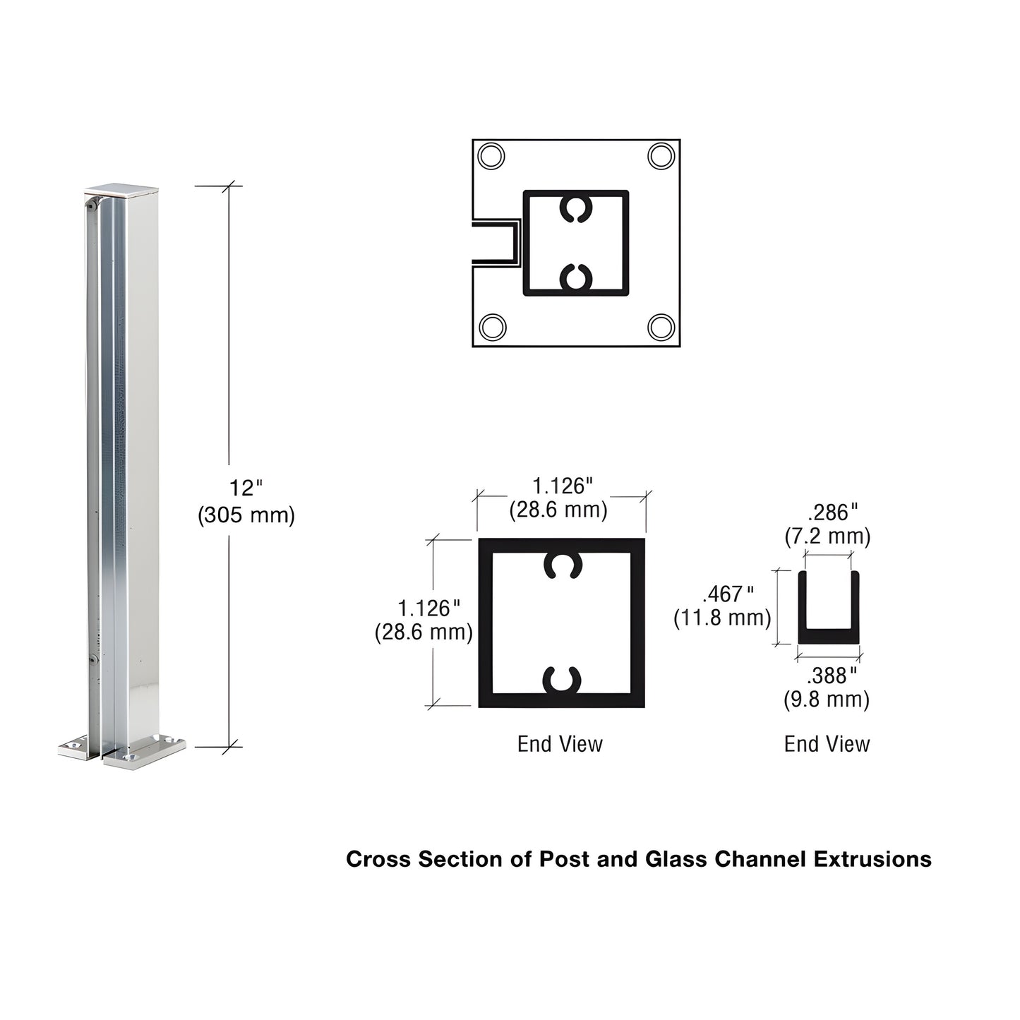 Brite anodized 12 in aluminum square end post with U-channel for 1/4 in glass; slim 1 1/8 in profile, mounted base