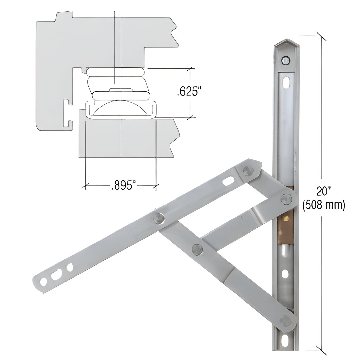 CRL WH62042 stainless steel 4-bar heavy-duty awning/hopper hinge, non-handed, 20 in length, 117 lb capacity