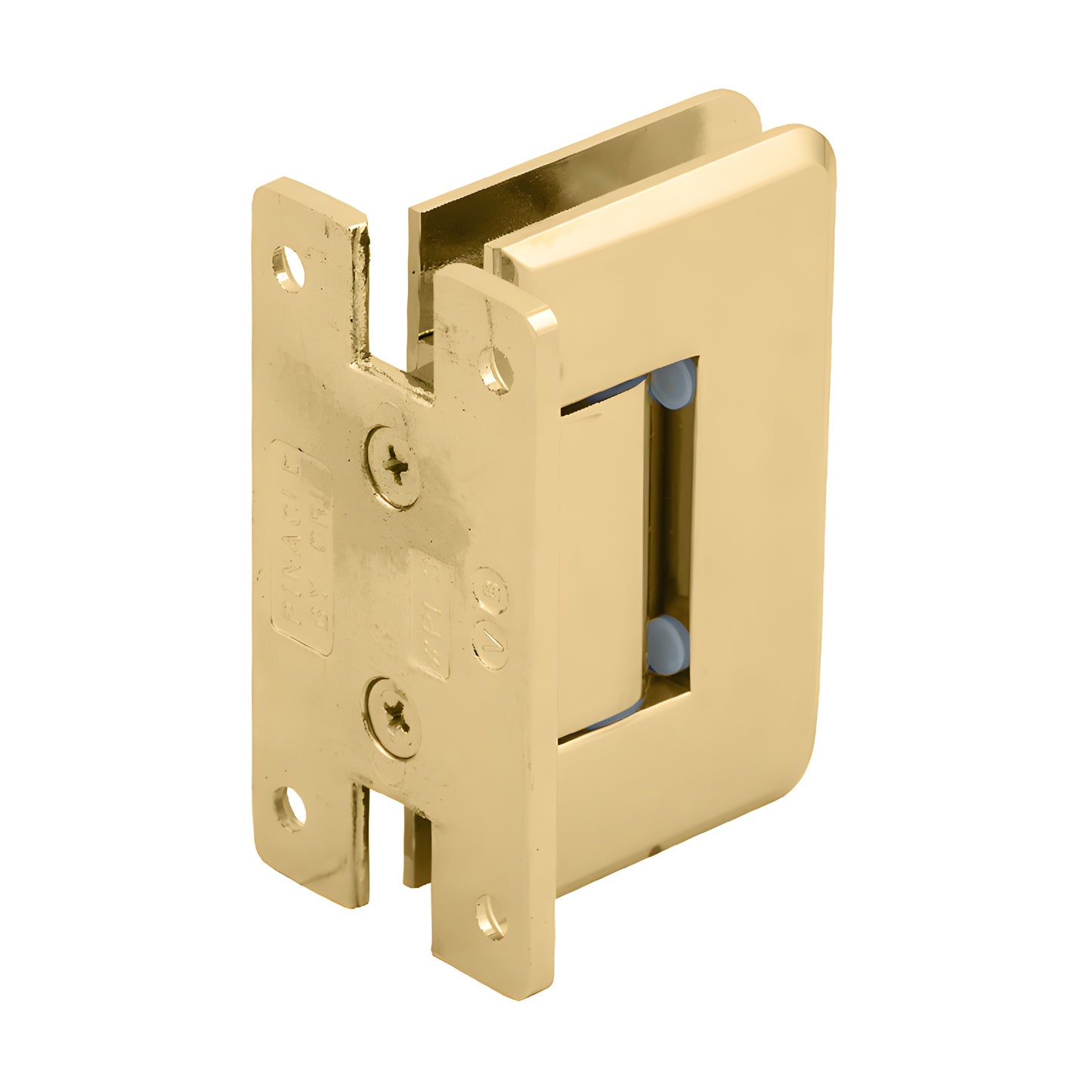 P1N337BR polished brass adjustable Pinnacle shower hinge for 5/16-1/2" (8-12mm) glass, wall-mount H back plate.