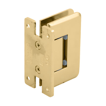 P1N337BR polished brass adjustable Pinnacle shower hinge for 5/16-1/2" (8-12mm) glass, wall-mount H back plate.