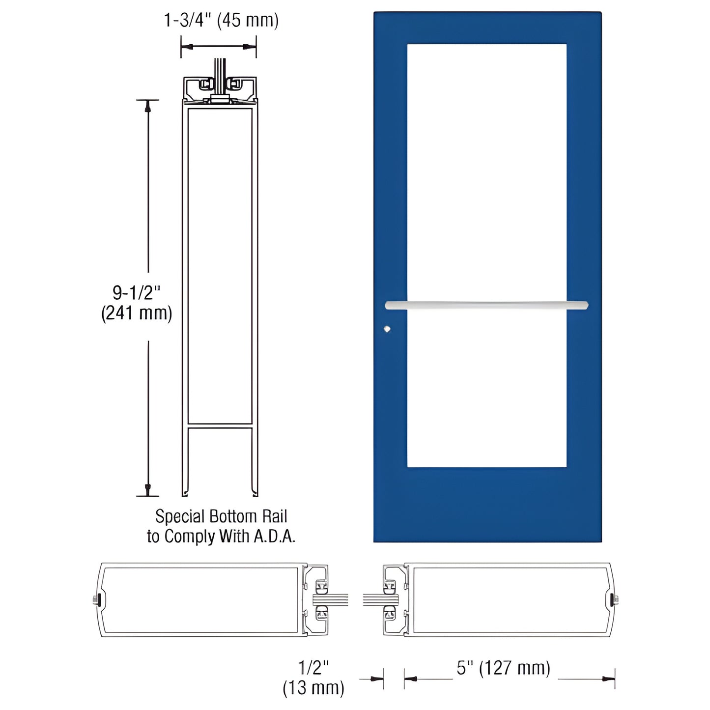 Custom Wide Stile Entrance Door DE51771 - blue frame with glass panel, ADA 9-1/2" bottom rail and push/pull bar.