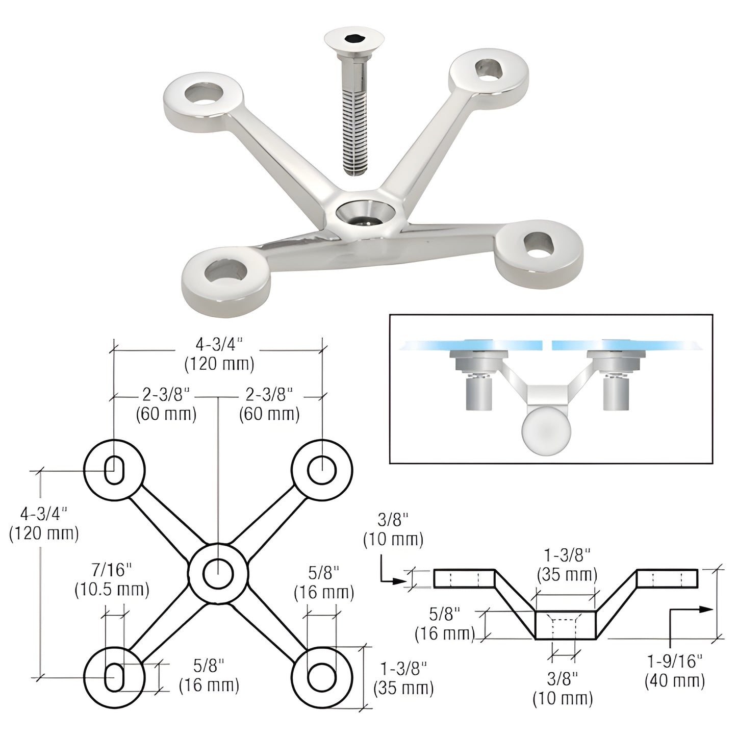 Stainless steel CRL GRP4PS post-mount glass fitting with threaded stud, V-style 4-arm plate; glass sold separately.