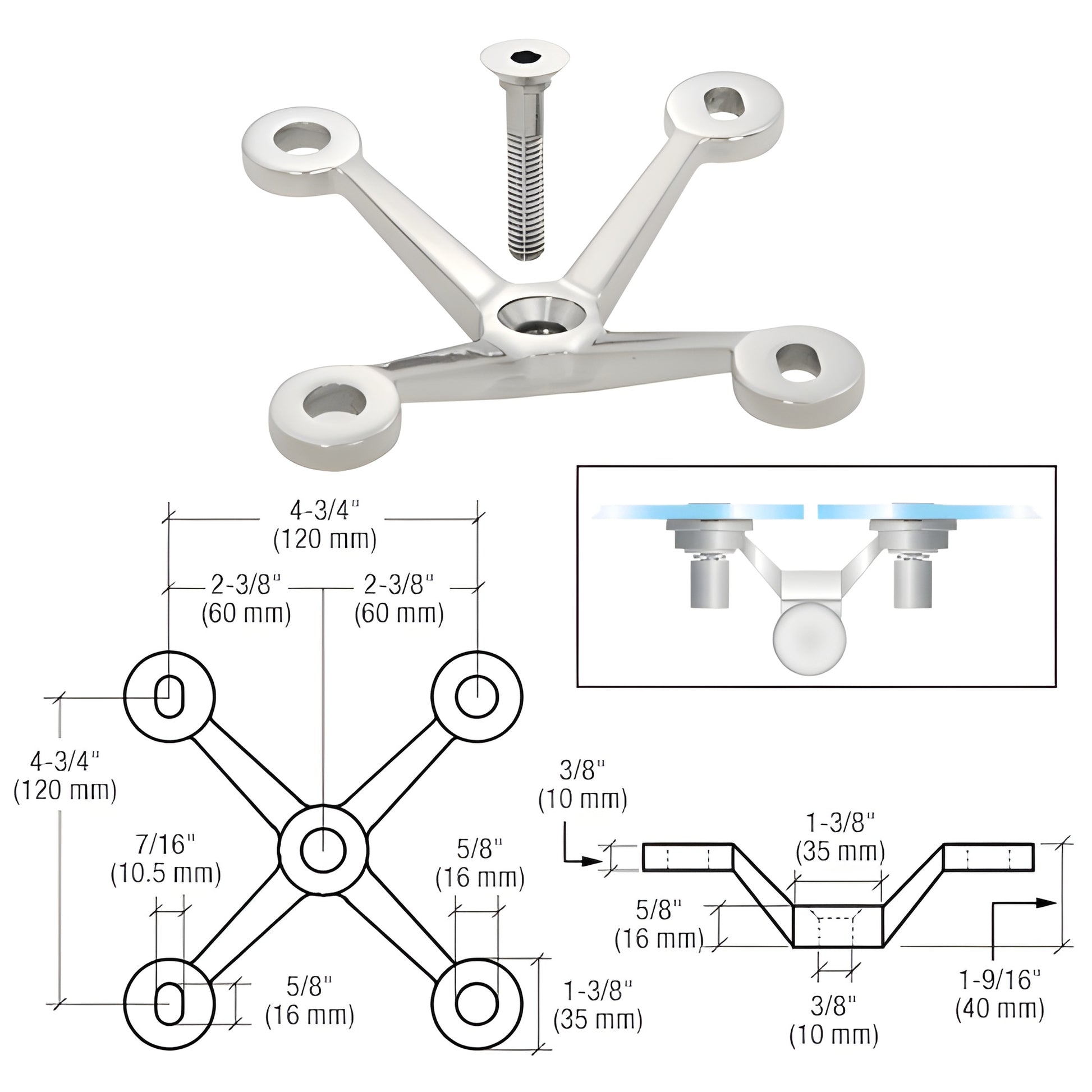 Stainless steel CRL GRP4PS post-mount glass fitting with threaded stud, V-style 4-arm plate; glass sold separately.