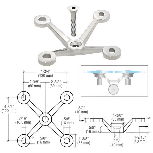 Stainless steel CRL GRP4PS post-mount glass fitting with threaded stud, V-style 4-arm plate; glass sold separately.
