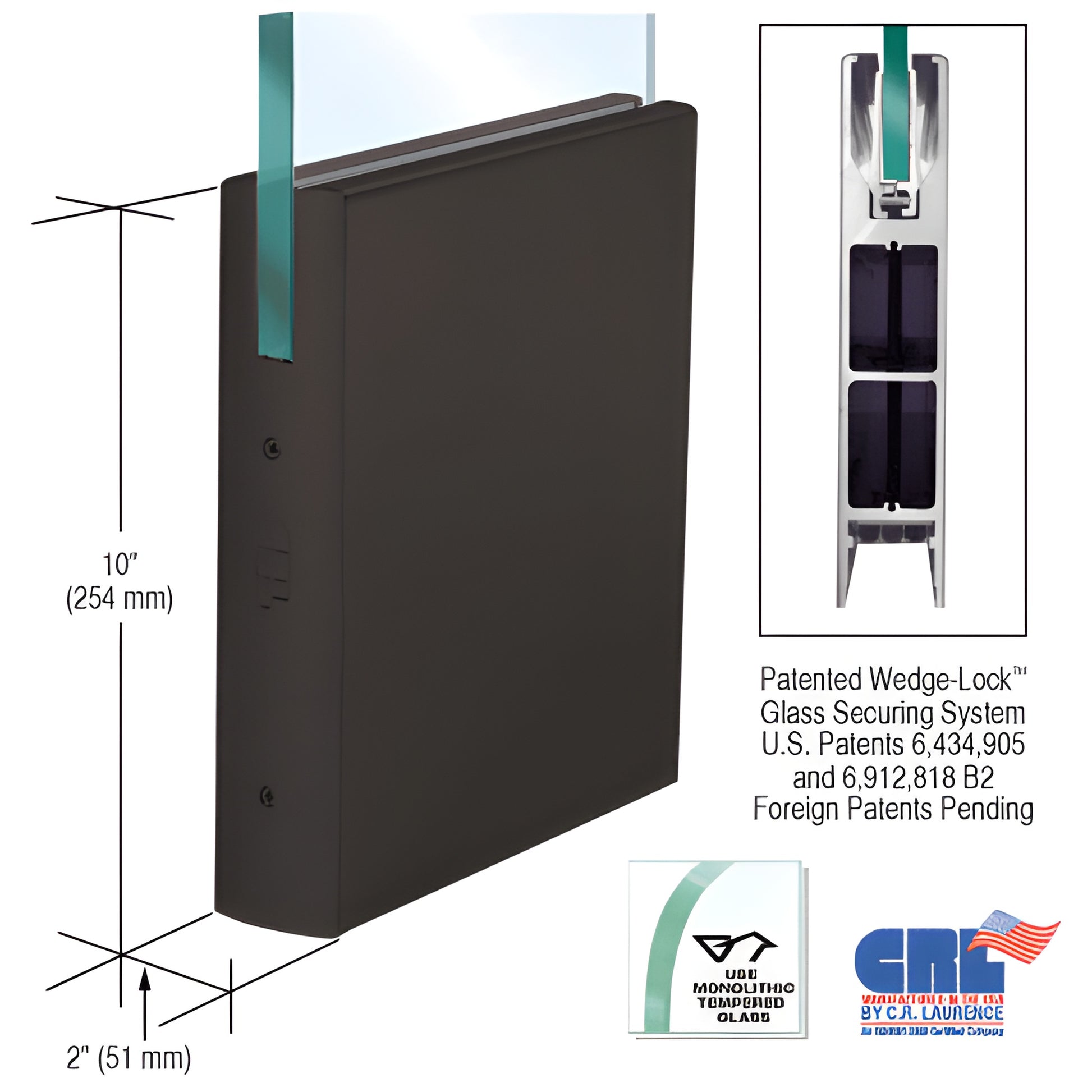 CRL Wedge-Lock 10 in oil-rubbed bronze aluminum door rail, 2 in square for 1/2 in glass (SKU DR10S0RB12C)
